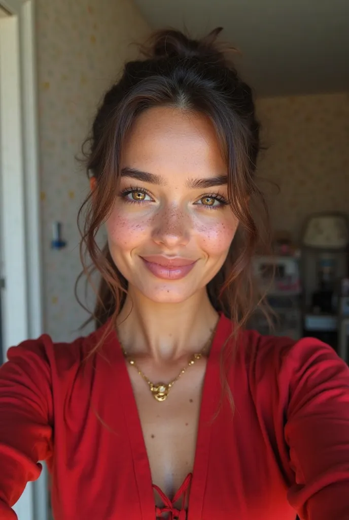 23-year-old hyper-realistic Latin girl with freckles, mood selfie for instagram,  ultra definition, (photoreallistic: 1.4), 8K, Premier quality, detailed backgrounds, delicate face, natural makeup, RAW photos, iPhone, hdr, Flirting with the viewer, In the ...