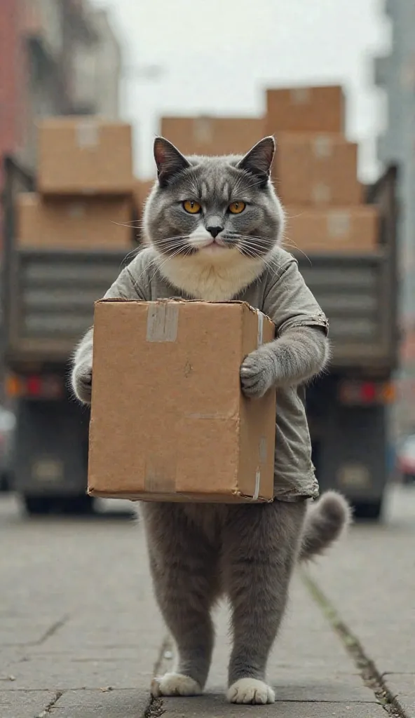 A gray and white cat is carrying a large box in an urban setting. The cat is wearing an old, torn T-shirt and has a determined expression on his face. In the background, there is a truck with boxes stacked on it, suggesting a work or movement scene. The sc...