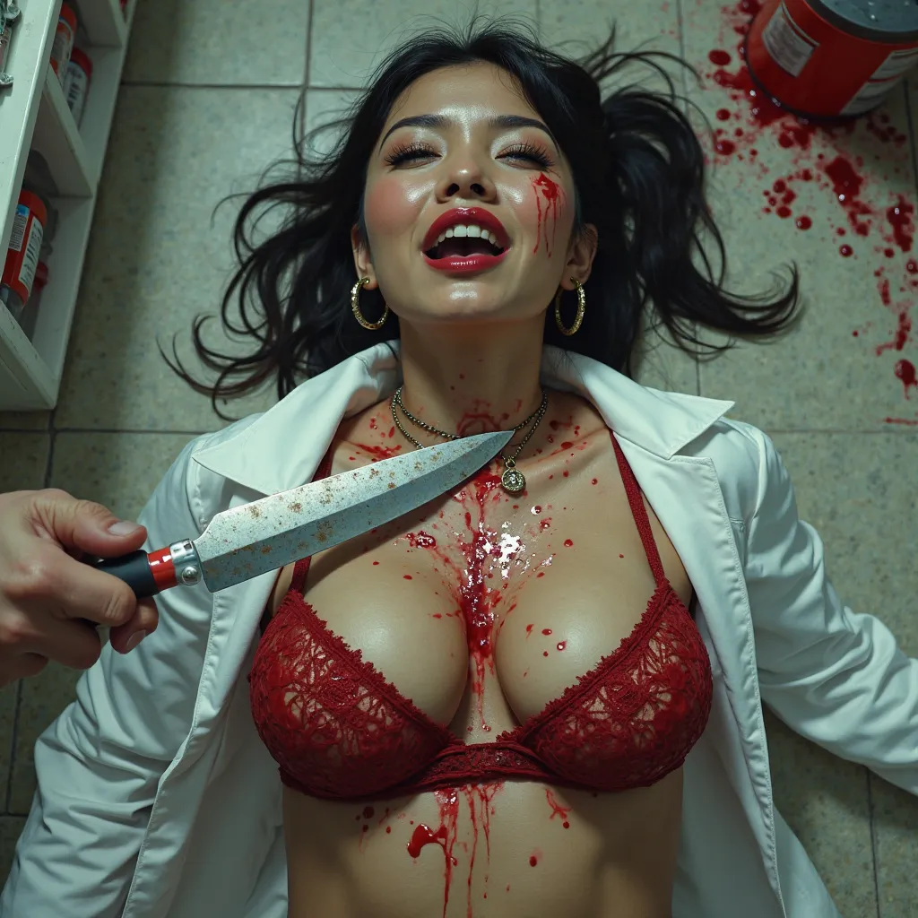 Gorgeous asian woman, with ponytail, hoop earrings, choker, huge oversized perky breasts, wearing sexy strappy red fishnet bra that barely covers her breasts with white lab coat over it that's been ripped open. She is lying on her back of floor of pharmacy...