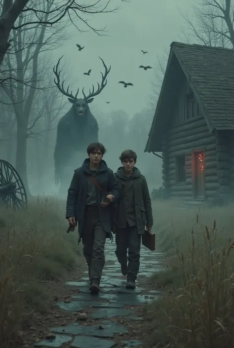 there is a pair of brothers，brother holding brother，On top，They're not being overshadowed，are looking straight ahead，Brother holding a book，They walked down a stone road，Across the meadow，behind them in the forest，On their right there is a very dark lookin...