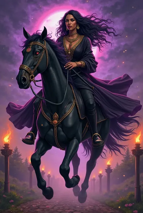 Fanart from The Knight card (messenger) of the gypsy deck inspired by Maria Mulambo, in a dynamic and mystical setting that transmits movement and spiritual energy. The central figure is Maria Mulambo, a powerful and elegant woman,  mounted on a black hors...