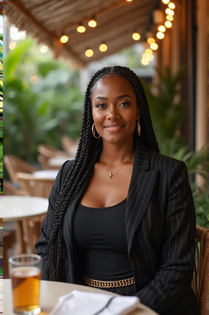 **"Une femme magnifique à la peau caramel éclatante est assise avec assurance à une table dans un restaurant en plein air, baigné d’une lumière chaleureuse. Elle a un corps voluptueux et une prestance naturelle. Elle porte un t-shirt noir simple mais éléga...