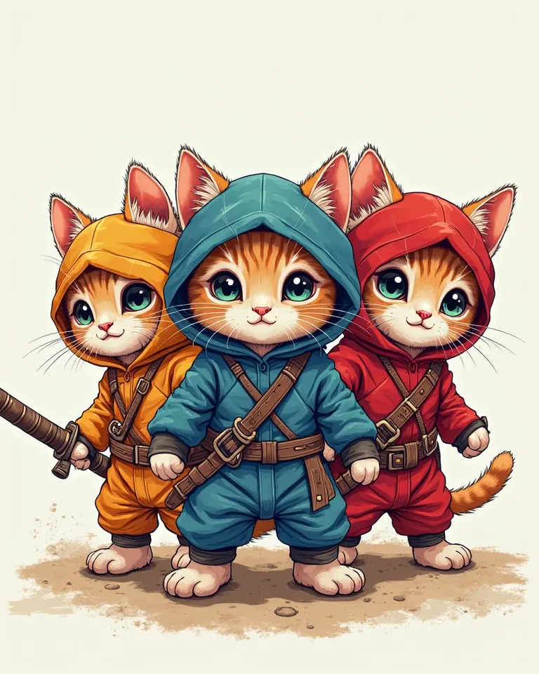 A colorful drawing of three cute ninja kittens, who are ready for battle and wear ninja costumes, Exactly, very detailed, Very nice,  cute, Illustration, Conceptual art, simple background, 