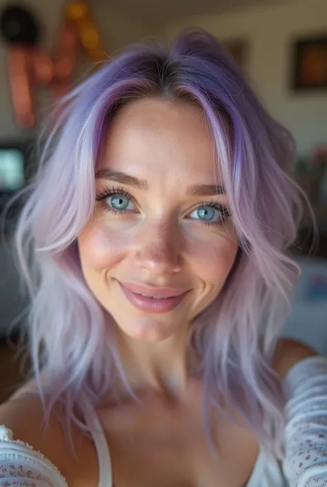 The image is a high-quality, 8K Ultra HD depiction of a beautiful blue-eyed American woman with purple-white hair, selfie, smiling, birthday celebration at home, Selfie with friends, in sala, birthday celebration, Simple birthday party.
