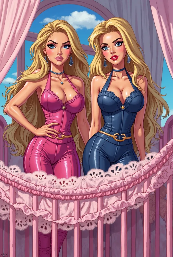 A 6K resolution 90s anime illustration (90s anime illustration: 3.1) of Brittany Force and Leah Pritchett (Brittany Force & Leah Pritchett: 3.0) standing over a pink crib with a canopy (Standing over a pink crib with a canopy: 2.7)