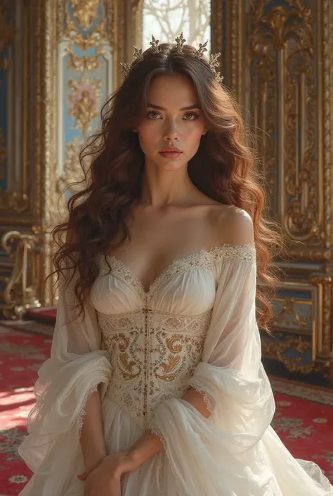 Very beautiful sexy woman with hazel hair color hazel eyes went a queen is wearing a white queen dress she is in a big luxury castle 