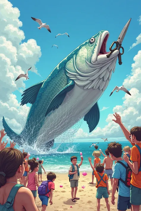 "A fun and colorful cartoon-style scene of a gigantic 60-feet fish caught in a net near the beach. The fish has big, expressive eyes and a surprised expression. The rescue team, wearing exaggerated uniforms, is using oversized scissors to cut the net. The ...