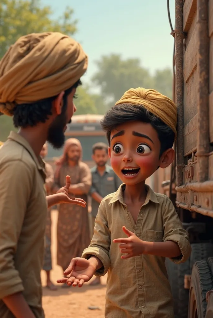 In 3d animation style ‘ Aali Hasan Asking the Driver for Permission
Aali Hasan, with an excited and hopeful expression, gestures towards the truck while speaking to the skeptical driver. The driver, wearing a dusty shirt and a turban, looks at the boy with...