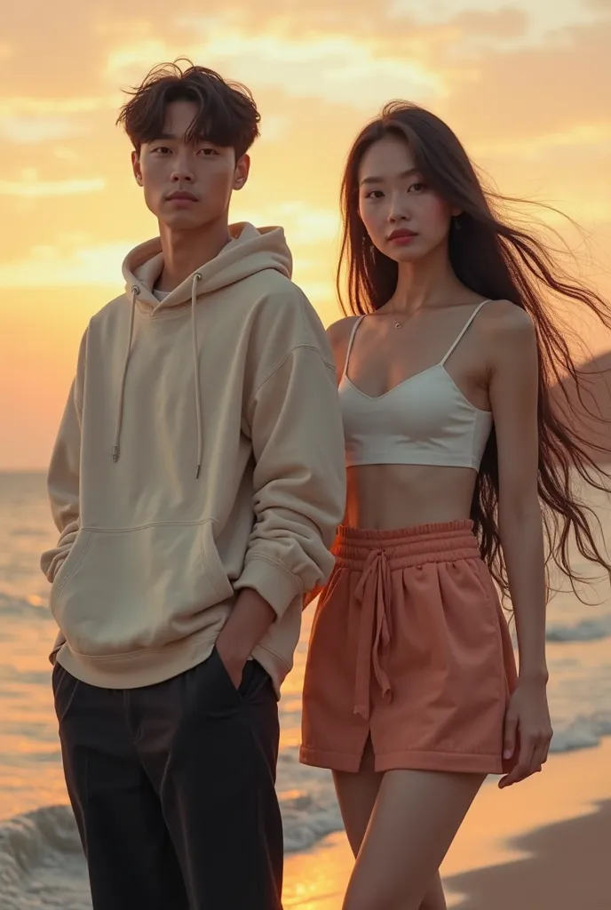 Take a picture of a Korean self wearing a hoodie and a hoodie and black pants and also make a Korean woman with long hair wearing a beautiful cropped short skirt on a beach at sunset