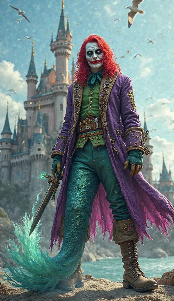 A striking fusion character combining elements of Ariel, the Little Mermaid, and the Joker from Batman, standing confidently in front of a grand fairy-tale castle. This hybrid character features the Joker's eerie white face paint, sinister red smile, and p...