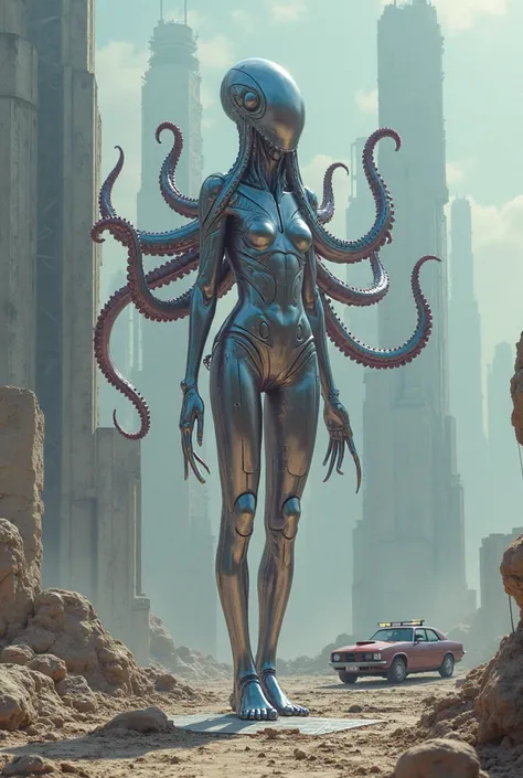 octopus human body ,  Whole body,  in a dystopian futuristic environment , like another planet , with artificial intelligence colors,  car, inspired by brutalism. in High Resolution