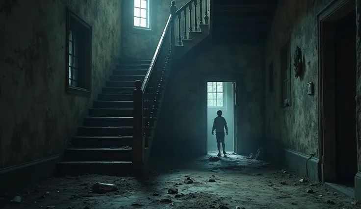 a 15-year-old boy hides under a huge staircase inside an old creepy country house at night