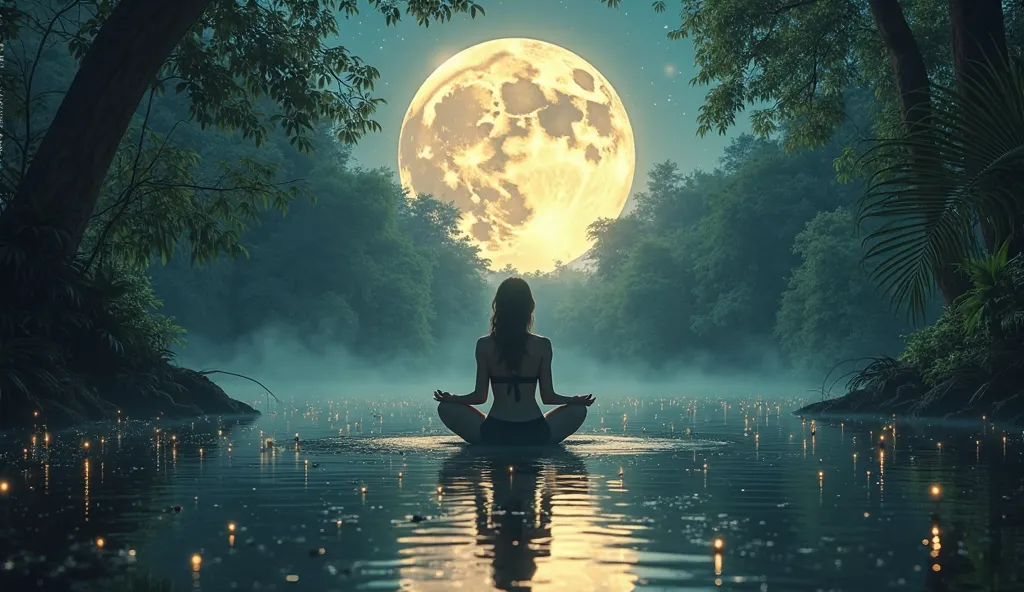 A loose-fitting woman meditates on the edge of a river in the Amazon Rainforest, where an immense full Moon is gently reflected in the tranquil water. The starry sky shines above the treetops, as fireflies flash around.  The atmosphere is mystical , bringi...