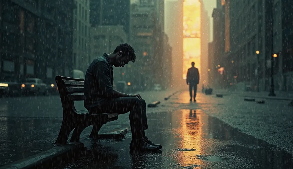 **Prompt:**  

"A man sitting alone on a bench in a dark, stormy cityscape, his head down, looking defeated and lost. Heavy rain pours around him, creating a somber atmosphere. In the background, a faint reflection of the same man appears—this version is s...