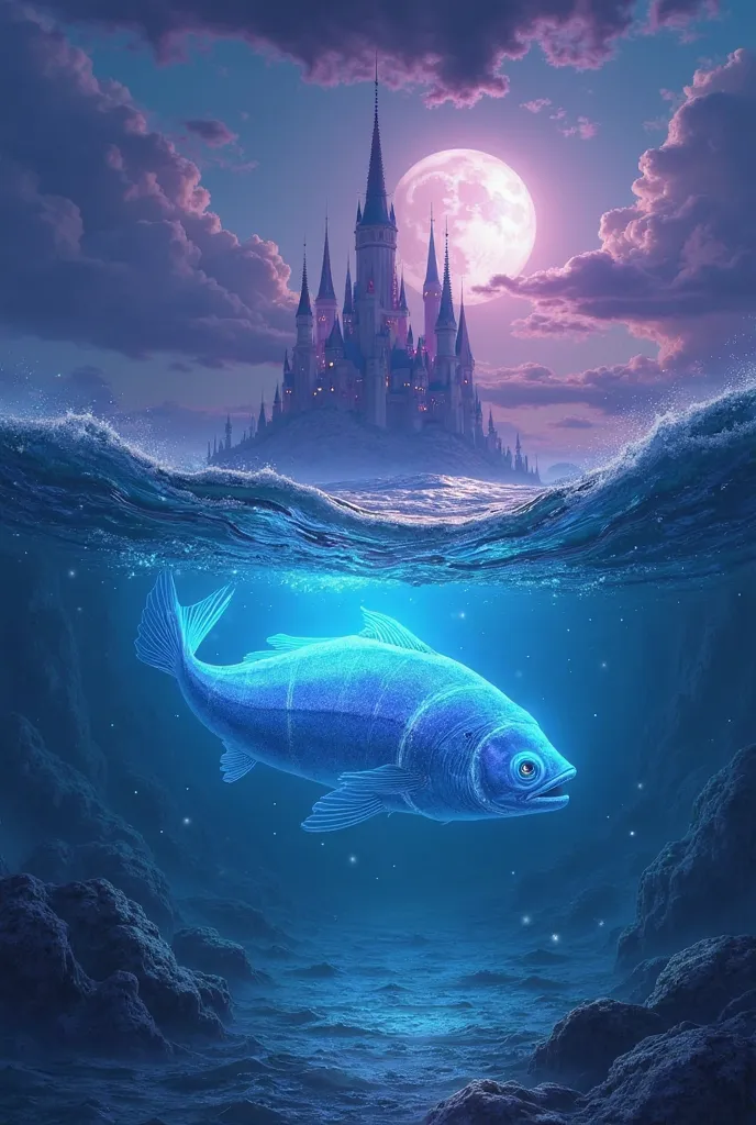 Prompt: "A mystical ocean under a twilight sky, glowing softly with hues of deep blue and purple. The water shimmers with bioluminescent light, and the waves ripple gently, reflecting the magical glow of an enormous fish. In the background, an ethereal cas...