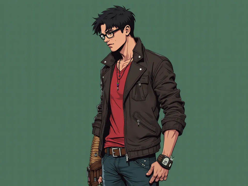  young men's night, Brown Leather,  black jacket, red shirt,  denim pants, glasses on, black hair, black eyes, right wooden arm, gun in your holster, medium leather collar, has a vial holder with colored vials,  posing on the side , cartoon-anime style gre...