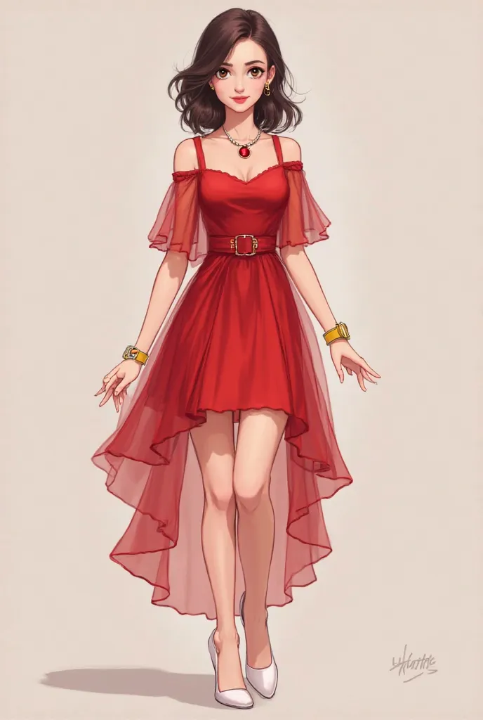 Generate a image. A girl wearing a short red dress close to her ankles.   One side of the gown is tied with a belt.  On the other side, there is a transparent cloth that seems to fall down beautifully from the same red cloth.  A pair of white coat shoes ar...