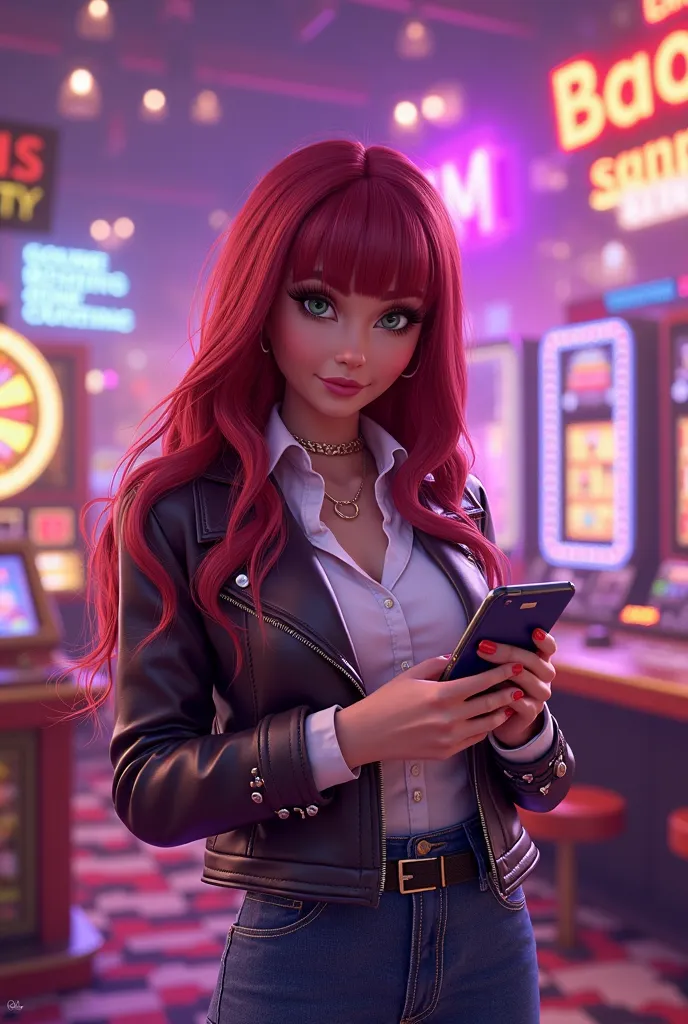  A vibrant promotional image for a lottery gaming application with a fund Violet .  The scene features realistic casino elements such as a spinning wheel ,  slot machines , Poker chips,  playing cards ,  and a roulette table ,  representing a variety of ga...