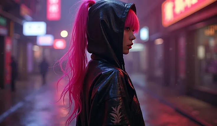 Close up sexy woman in a hoodie covering her face in black latex costume, Japanese women's hair, high definition pink ponytail, tattoo on arms, high top red black boots with 6 inch heels.  looking at the girl  "full body portrait"  on a dark street,  energ...