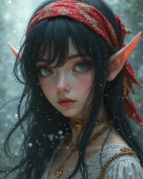 
LONG,  wavy , Black-haired, girl with bandana in her hair. Silver color eyes.  with pointed ears . 