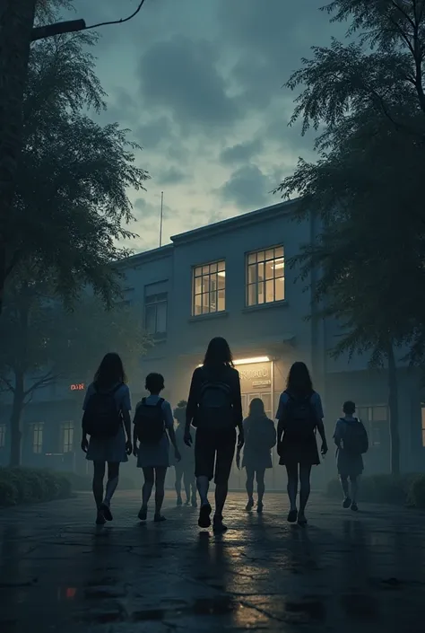 Group of students leaving school at dusk with concern that it will look real