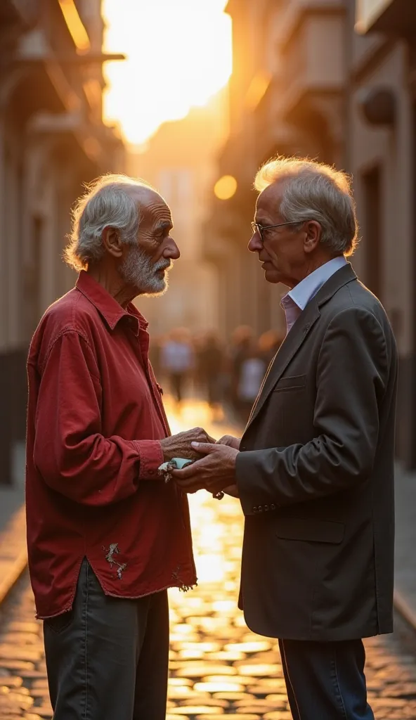 The golden hues of the setting sun bathed the cobblestone street in a warm, melancholic glow. An 80-year-old man, his face etched with the lines of a life well-lived yet burdened by hardship, stood quietly. His red shirt, once vibrant, was now faded and to...