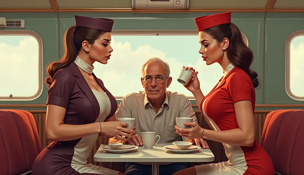 📍 Two women with huge breasts in vintage stewardess outfits serve him coffee while he talks.