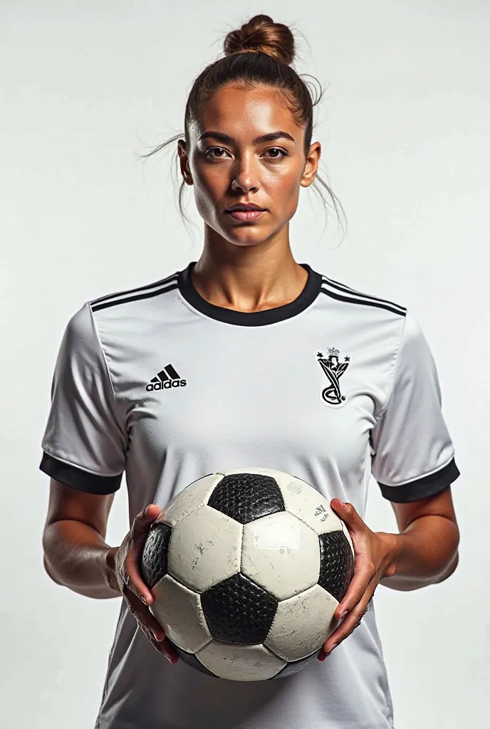 A photo of a female soccer player holding the Adidas ball in her hands, to announce the new sponsor we will have in our next women's soccer tournament