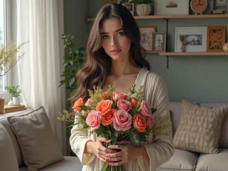 create a realistic image of a Russian girl with flowers in her hands in her modern new apartment