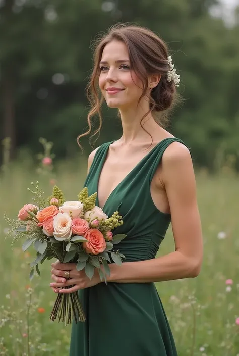 Bridesmaid in dress holding a bouquet of flower, wearing green matte dress