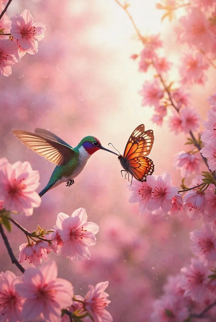 Draw hummingbird and butterfly with pink flowers 
