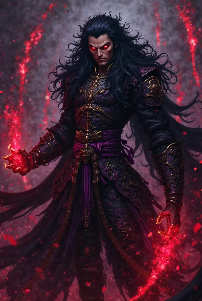 A formidable villain in the style of JoJo’s Bizarre Adventure, inspired by Madara Uchiha. He has long, wild, jet-black hair cascading over his shoulders, with voluminous strands adding to his imposing presence. His piercing red eyes glow intensely, exuding...