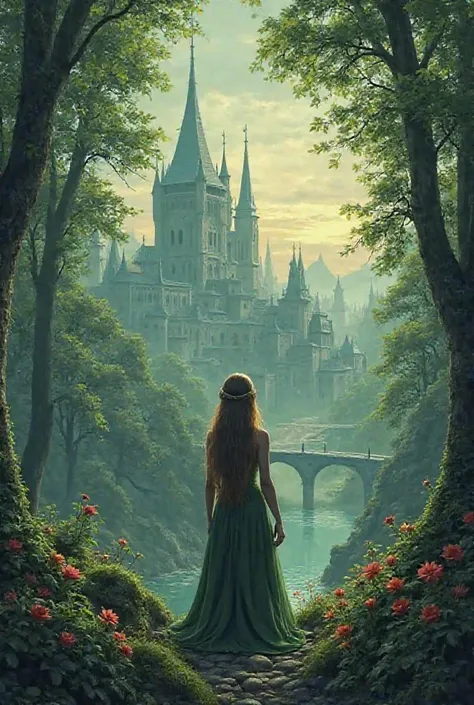 Can you create a fantasy book cover entitled: "Elvin City" the author is B.P. Getuya.

I want the book cover to have a nature rich city because elves loves nature. Then there should be a very pretty lady elf with bond hair looking at the city.