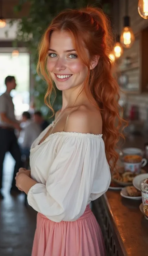  Caucasian woman, Nordic, long wavy red hair tied in a tail, green eyes ,    slapped nose , 1.60 mts. 55 kilos, Slim waist, Curled eyelashes ,  diamond face , He's in a coffee shop, She wears a short pink skirt and a white blouse.,  High resolution 8K ,  a...