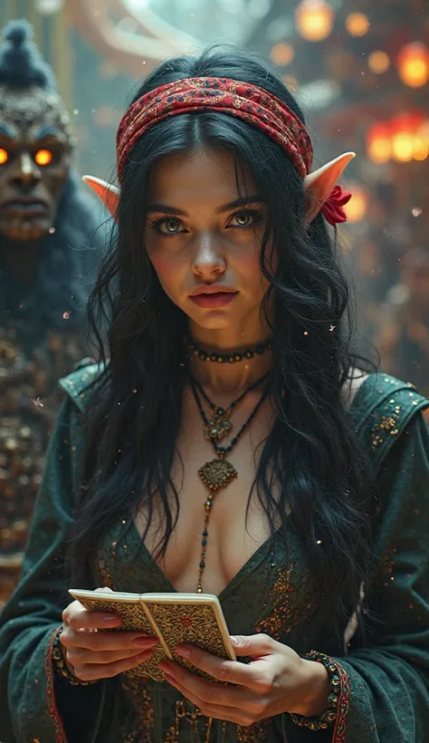 
LONG,  wavy , Black-haired, girl with bandana in her hair. Silver color eyes.  with pointed ears . Have tarot cards in hand in the circus. Draw an imposing man with bronze skin  