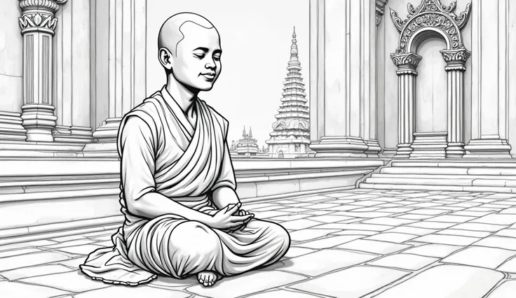 A young monk in meditation outside the temple, a monk sits cross-legged in the temple courtyard, eyes closed, deep in thought, detailed facial features, peaceful expression, still posture, serene atmosphere, ornate temple architecture, ornate stone pathway...