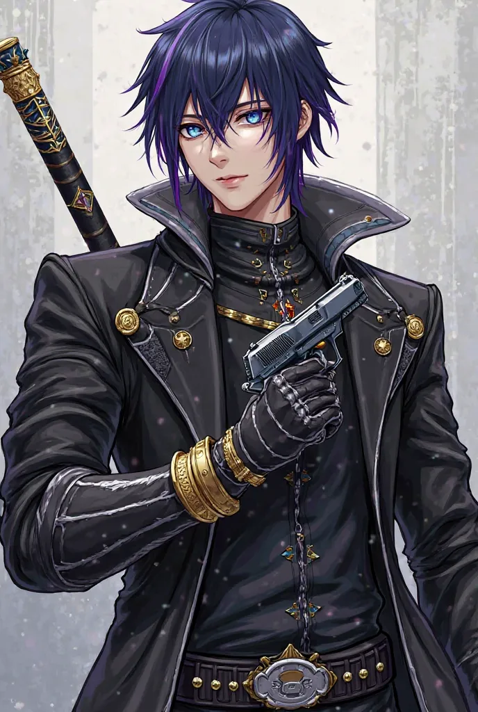 A man about  dressed in black with metal details on his arms and chest and a gold bracelet with a pistol in one hand and a medium-sized sword in the other with round rays, a scar on his eye, dark blue hair with purple details and blue eyes.