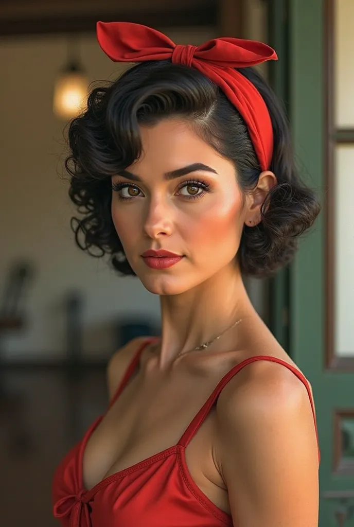 A more mature woman with short hair, Looking like male hair, curly. She will be wearing a hair band made from a red headband. 50s style. 