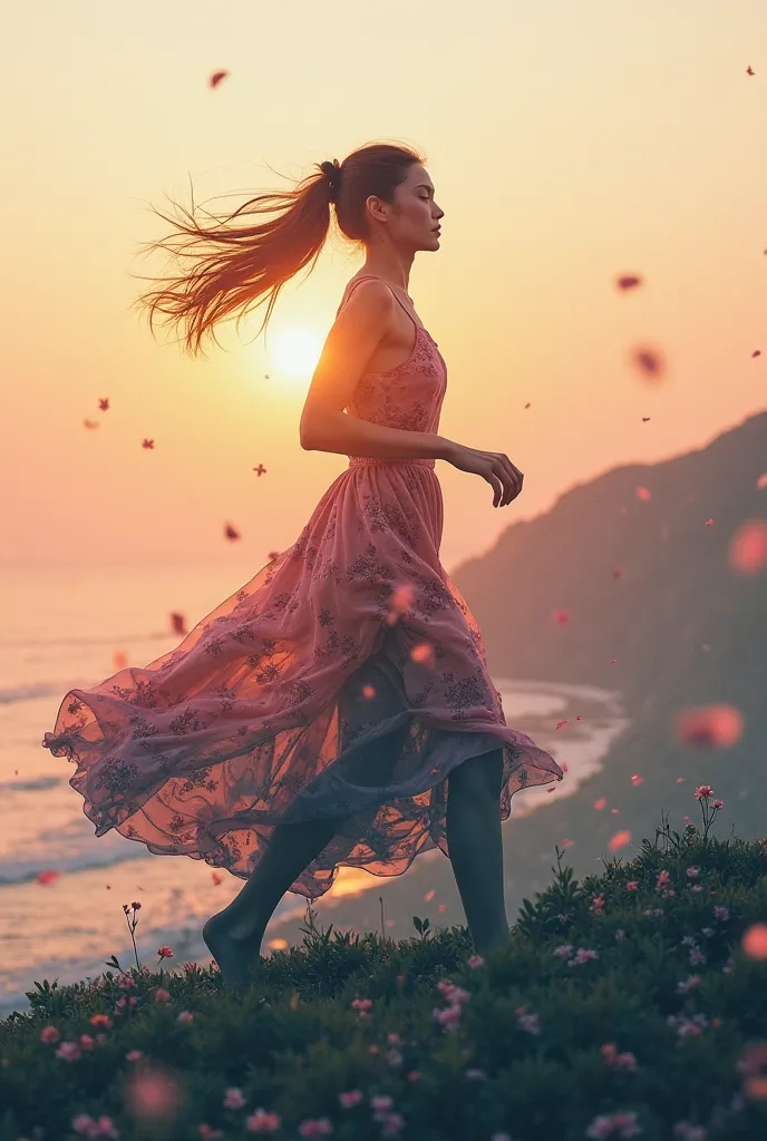 runs away from the mountain High quality,  8K Ultra HD, Прекрасная double exposure, that combines the silhouette of a goddess and the sunset on the coast, , the sunset coast should serve as a background, with its details,  incorporated into the silhouette ...