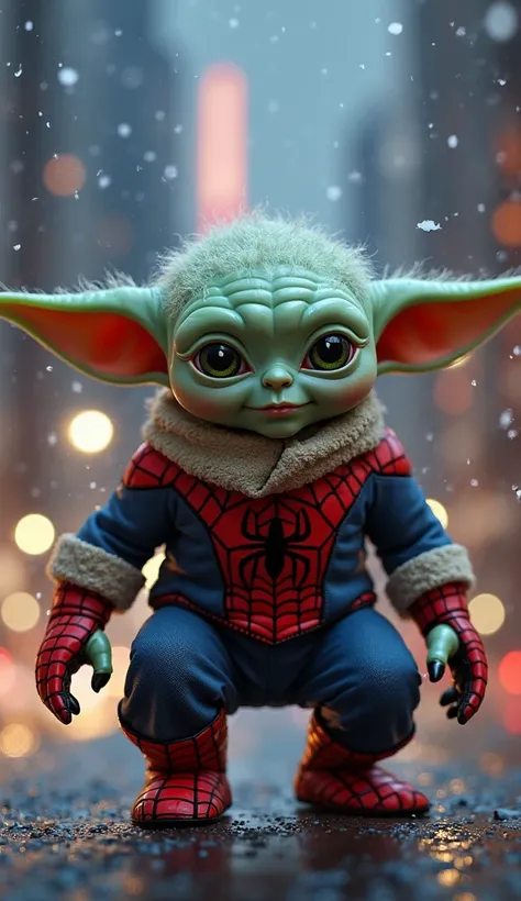 A fusion of Baby Yoda and Spider-Man, combining their unique features into a single character. The figure has Baby Yoda’s large, pointy ears and wise, glowing green eyes but wears a sleek, red and blue Spider-Man suit with black web patterns. His face is a...