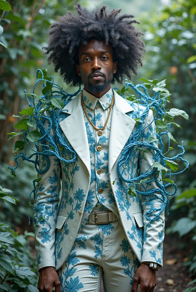 Afroman  n hite  silky suit  with blue  vines and leaves growing form the suit  