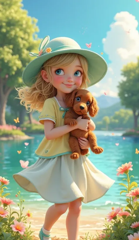 Create a 3D-quality image of a young girl with blonde hair, wearing a wide-brimmed light blue sunhat with a white ribbon and flower accent, a pastel yellow short-sleeved top with green trim and a small green bow, a flowy white sundress, and light green san...