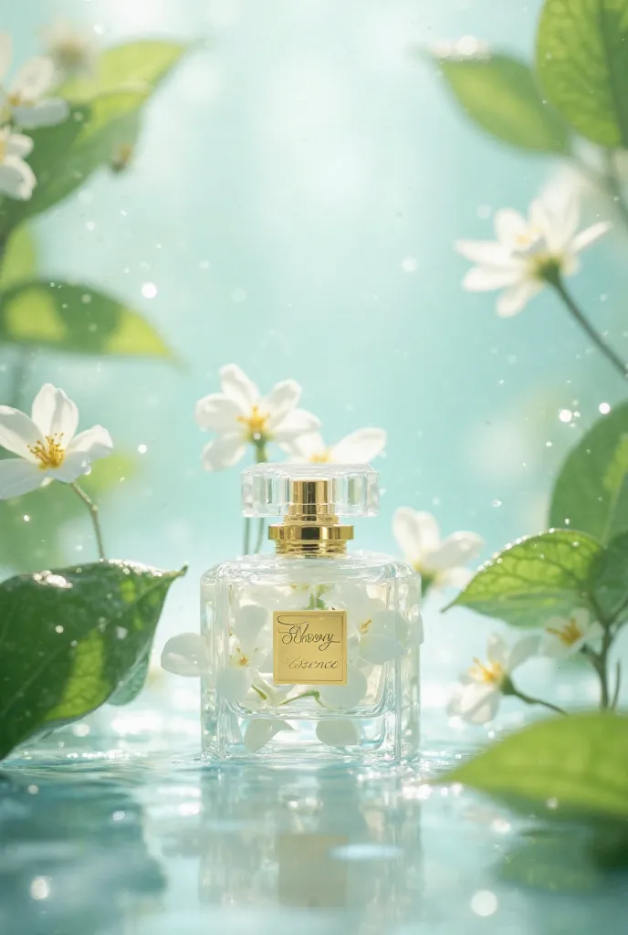 Marketing image of a jasmine flower under water on a white background with green elements that give an air of freshness and nature.With those written in gold with the name of the perfume Flora Essence