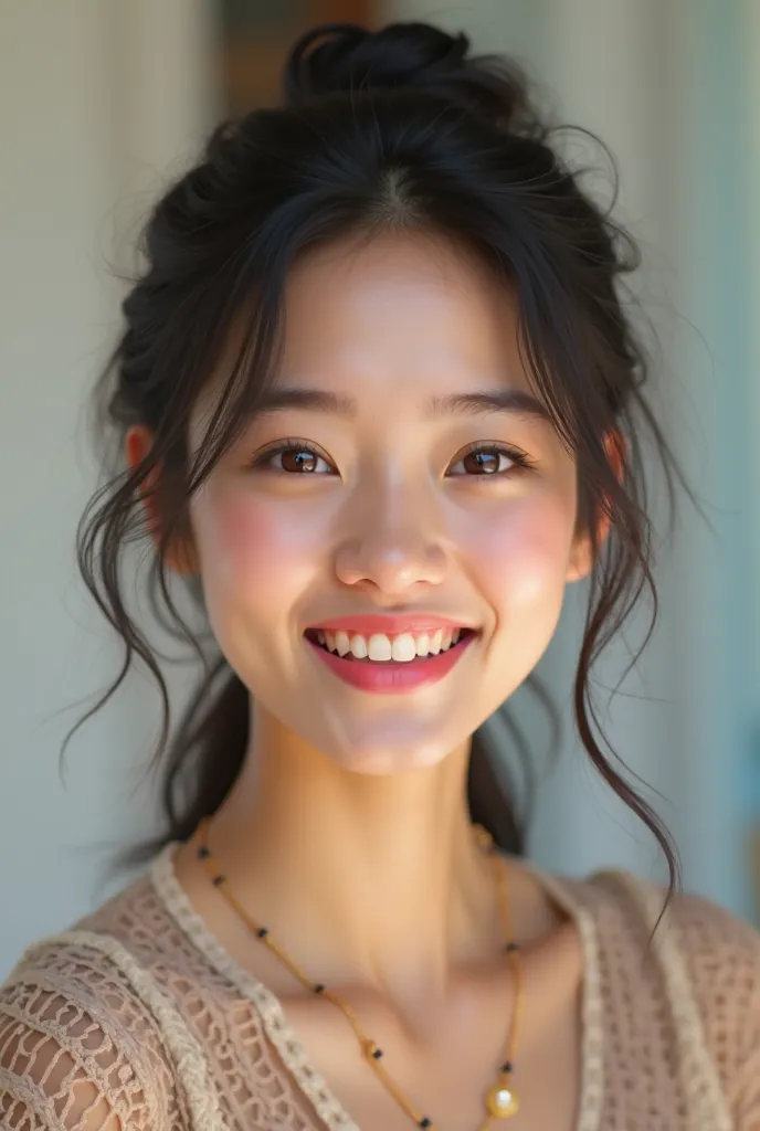 Young woman smiling with black hair tied back