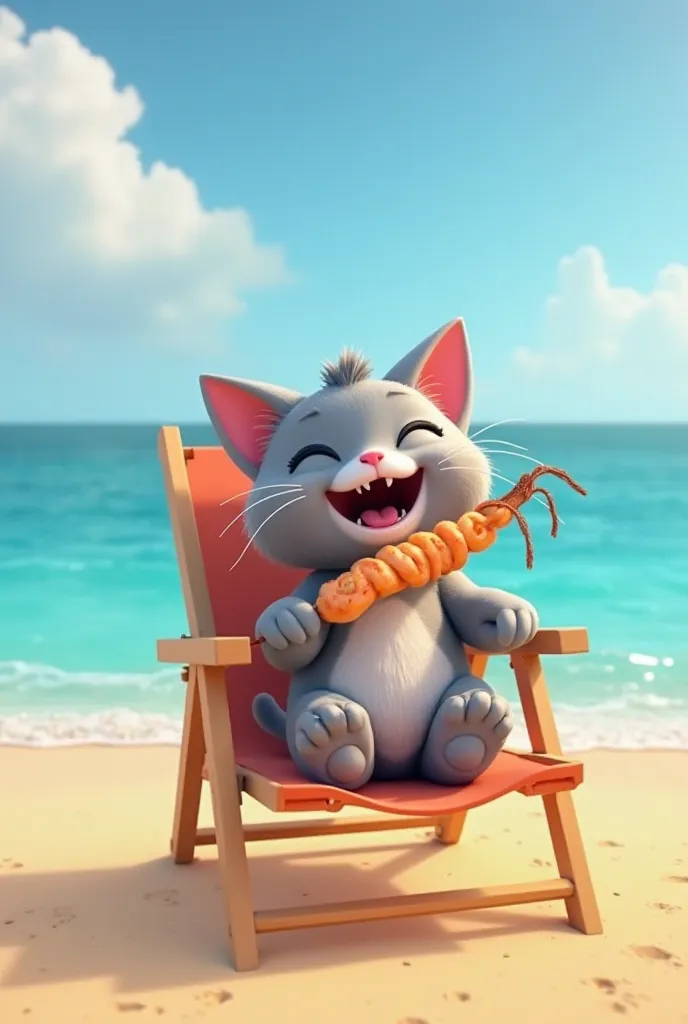 A 3D animation of a cute gray cat sitting in a beach chair, happy, eating a shrimp skewer. The beach has golden sand, and the sea is calm with light blue waves. The atmosphere is peaceful and relaxing, with a bright blue sky and a few clouds moving slowly.