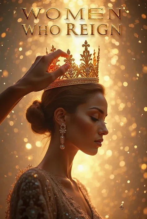 A woman with serene expression, head down, receiving a golden and dazzling crown, symbolizing the recognition of its purpose and purpose divine authority. She has an attitude of humility and reverence while the crown, luminous and ornate, is placed over he...