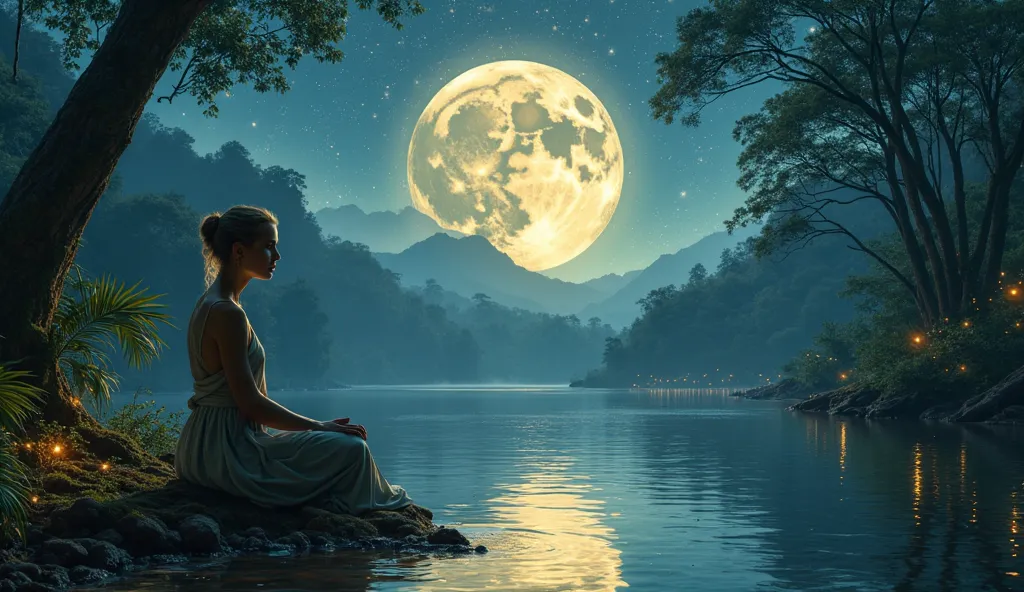 A loose-fitting woman meditates on the edge of a river in the Amazon Rainforest, where an immense full Moon is gently reflected in the tranquil water. The starry sky shines above the treetops, as fireflies flash around.  The atmosphere is mystical , bringi...