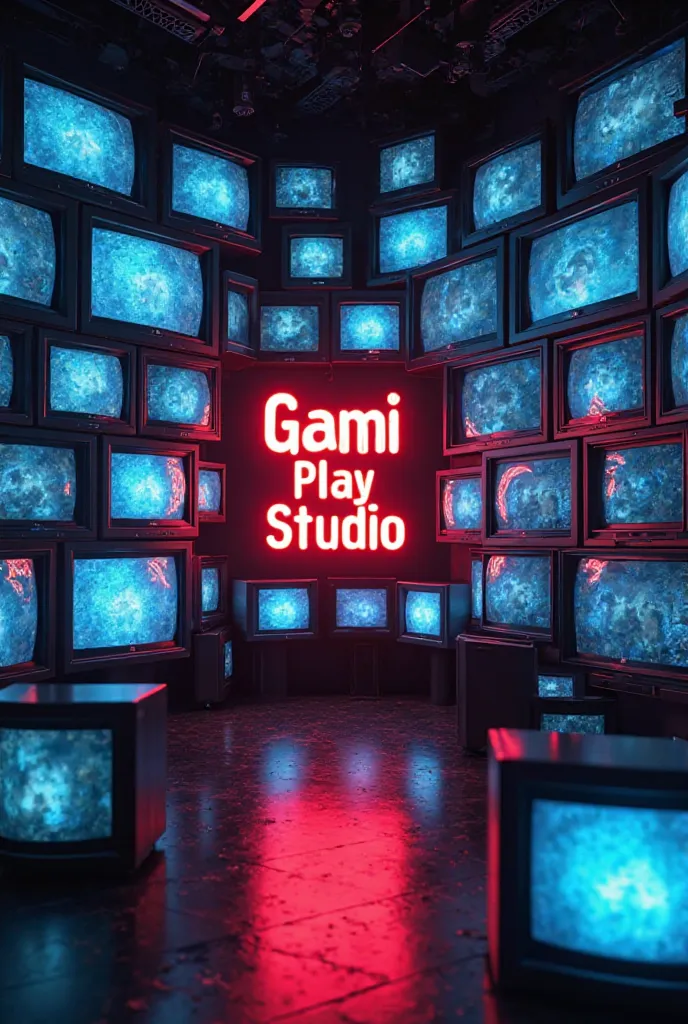 The picture is very small where there are a lot of TVs and the TV in the middle is written in red Gami Play Studio 