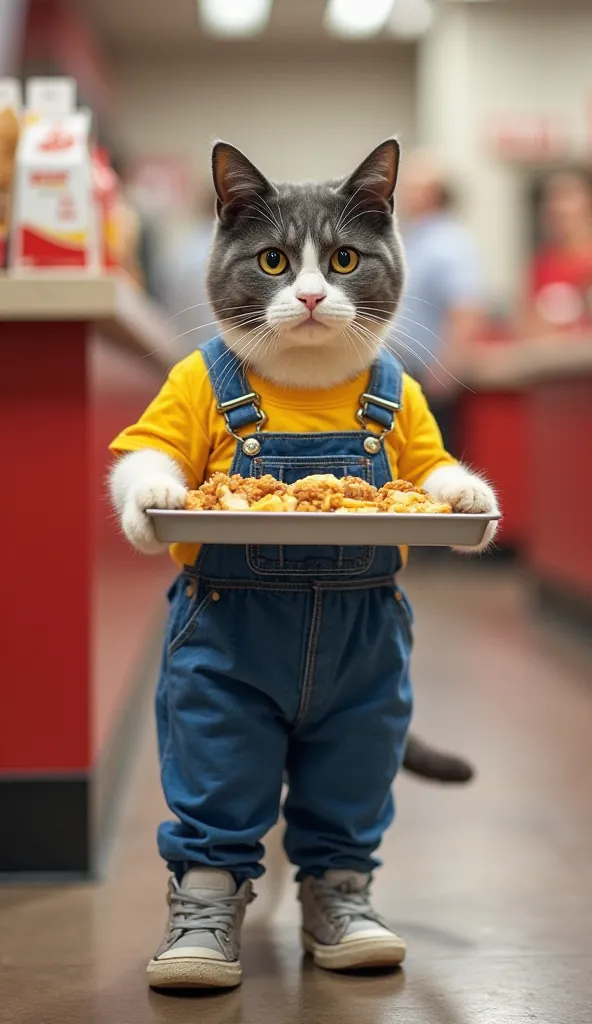 
A gray and white cat is in a fast food environment, holding a tray with food. The cat is dressed in a yellow t-shirt and a blue jumpsuit, in addition to shiny sneakers. The scene captures the atmosphere of a restaurant, with food boxes in the background. ...