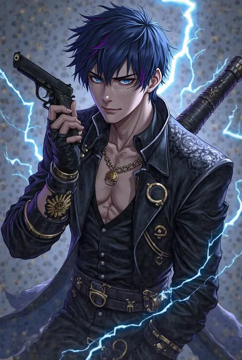 A man about  dressed in black with metal details on his arms and a small gold bracelet with a black pistol in one hand and a medium-sized sword in the other with round rays, a scar on his eye, dark blue hair with purple details and blue eyes with electrici...